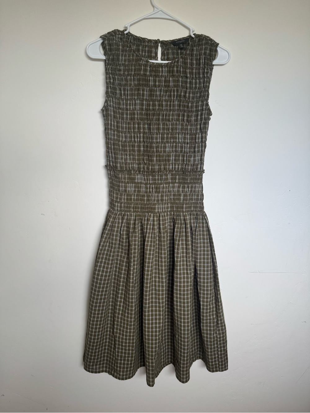 Smocked Waist Olive Green Plaid Midi Dress